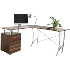 HJh-OFFICE Schreibtisch Castor I, 830093, Walnuss, Mit Standcontainer, 152 X 144cm, L-Form -Leitz || Novus || Herlitz Shop bf364983be6a9ff18bf32a087dcbcc079e9be65a schreibtisch hjh office castor i 830093 walnuss